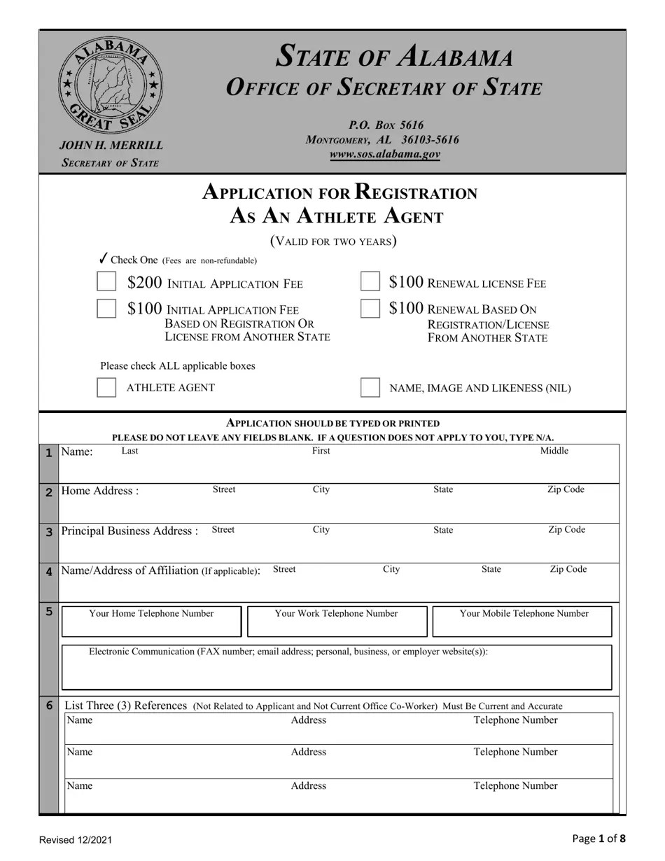 Alabama Application for Registration as an Athlete Agent Fill Out