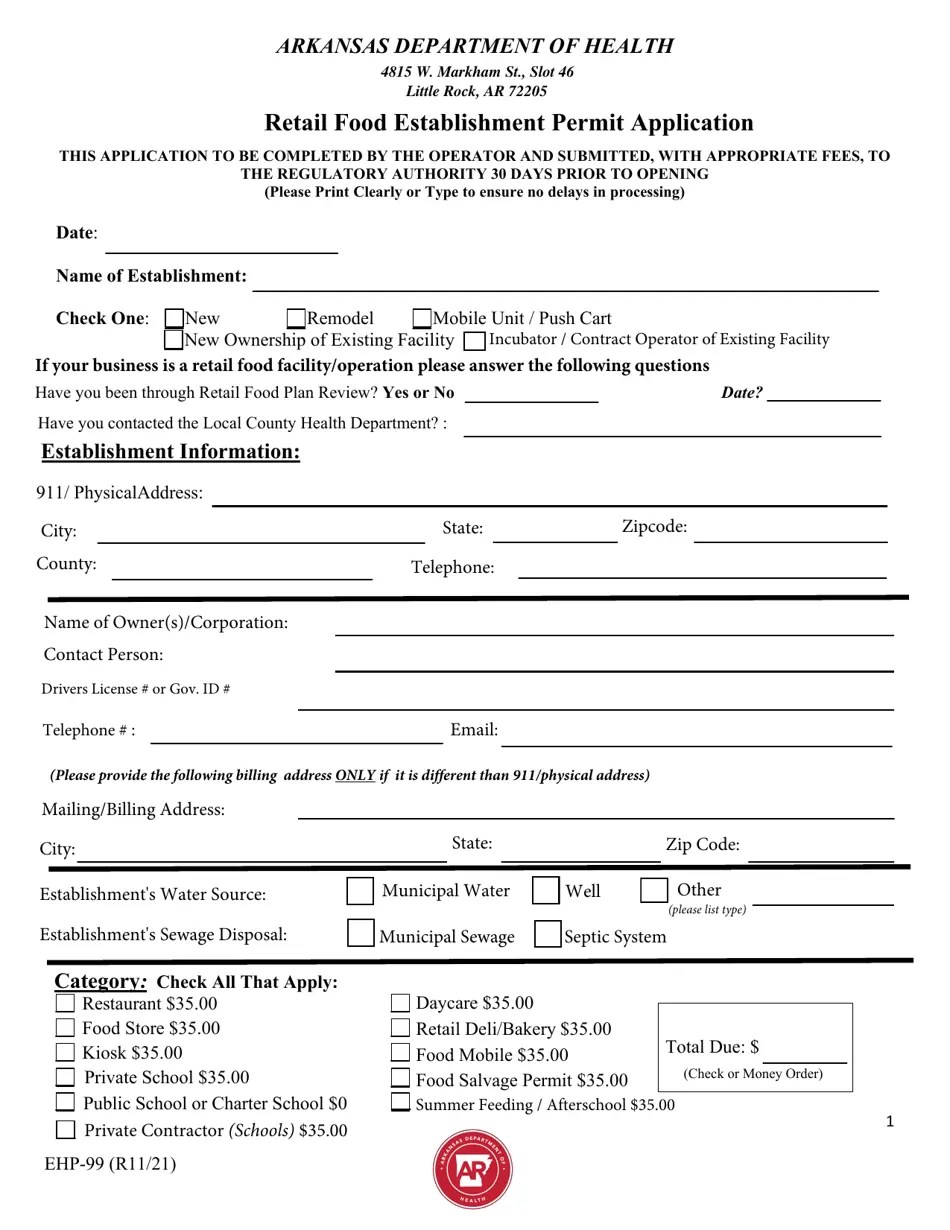 Form EHP99 Download Fillable PDF or Fill Online Retail Food
