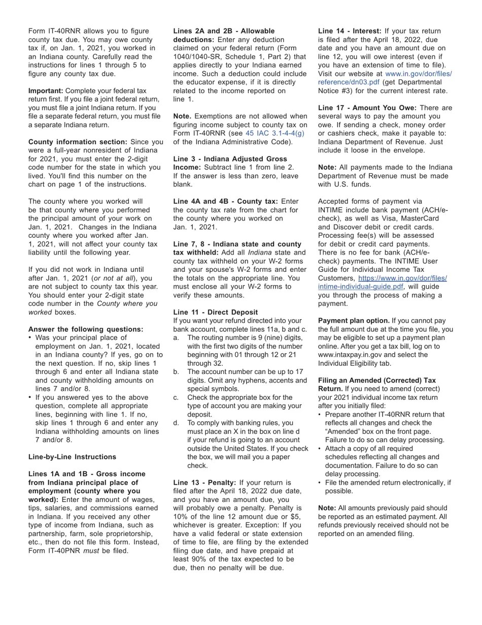 Form IT40RNR (State Form 44406) Download Fillable PDF or Fill Online