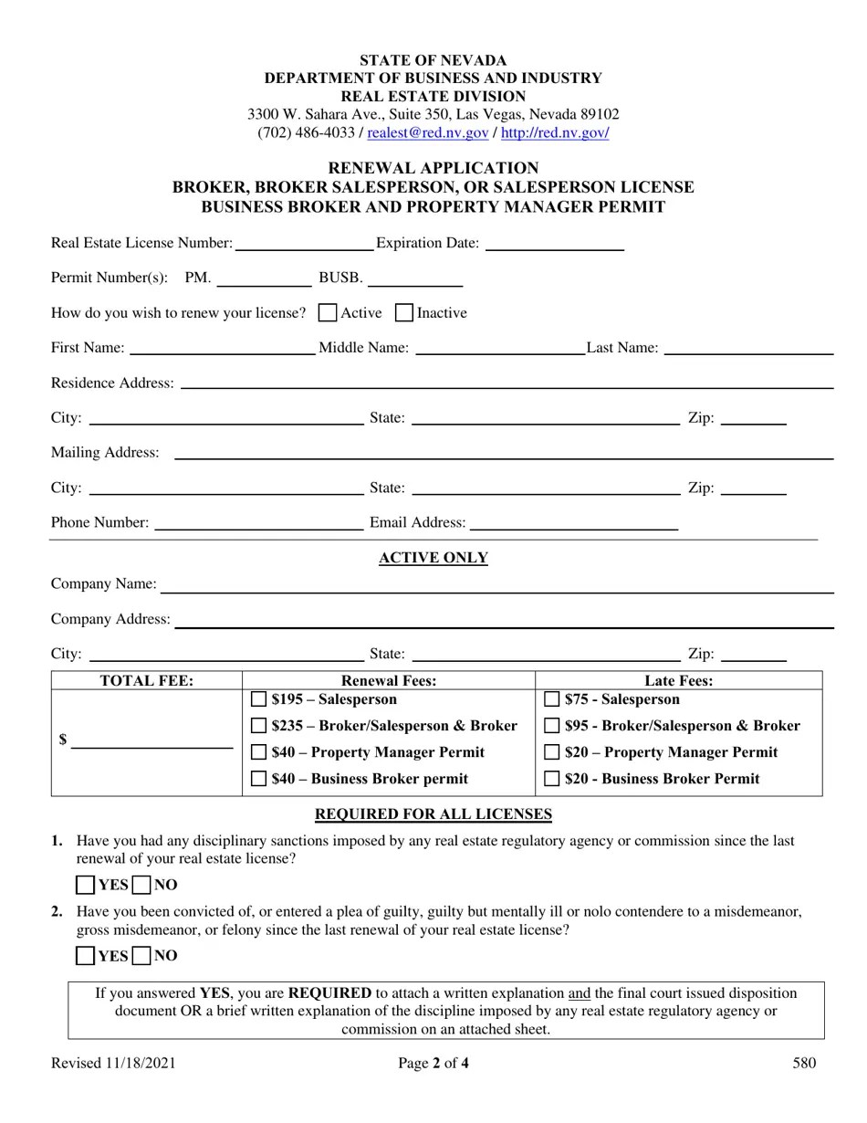 Form 580 Download Fillable PDF or Fill Online Renewal Application