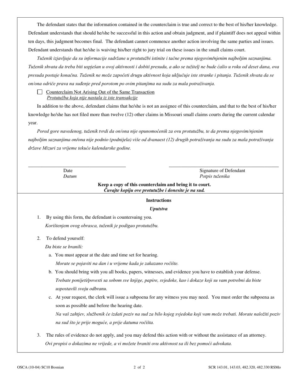 Form SC10 Download Printable PDF or Fill Online Counterclaim Small Claims Court, Missouri