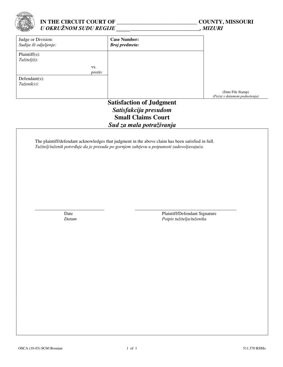 Form SC60 Fill Out, Sign Online and Download Printable PDF, Missouri (English/Bosnian