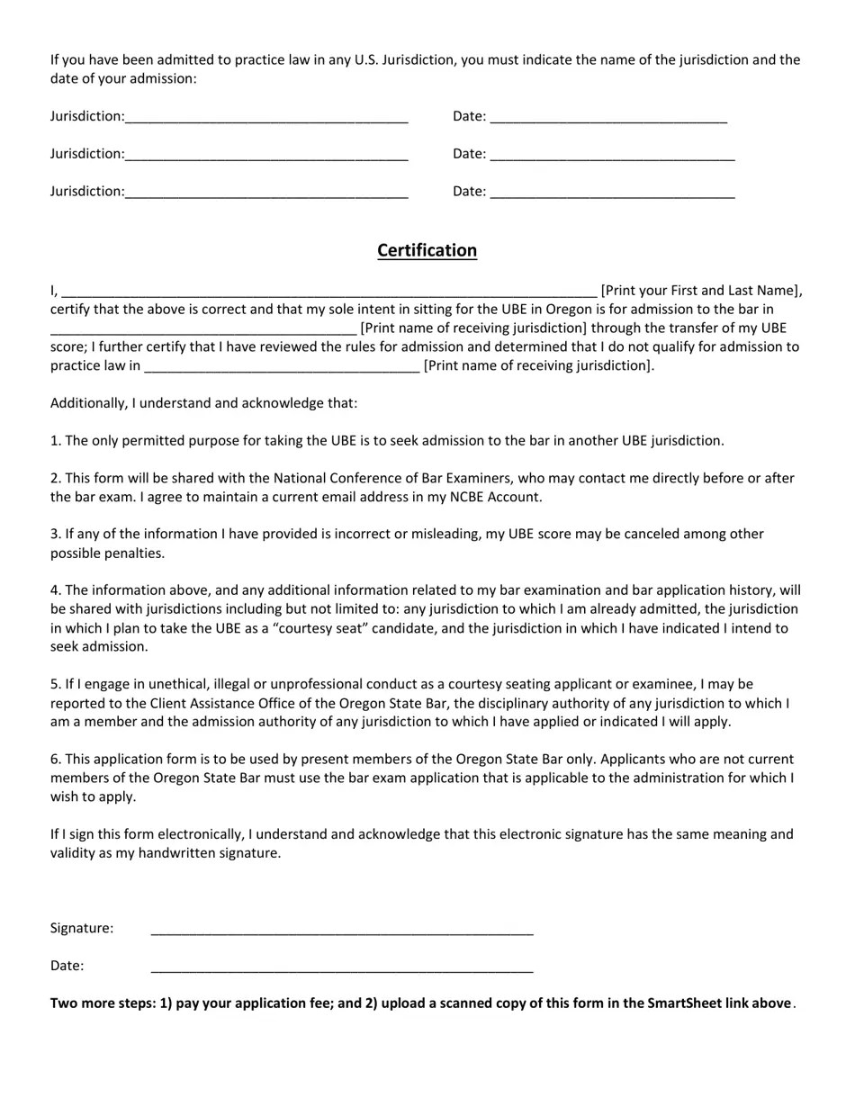 2022 Oregon Application for Oregon Ube Seat by Oregon State Bar Member