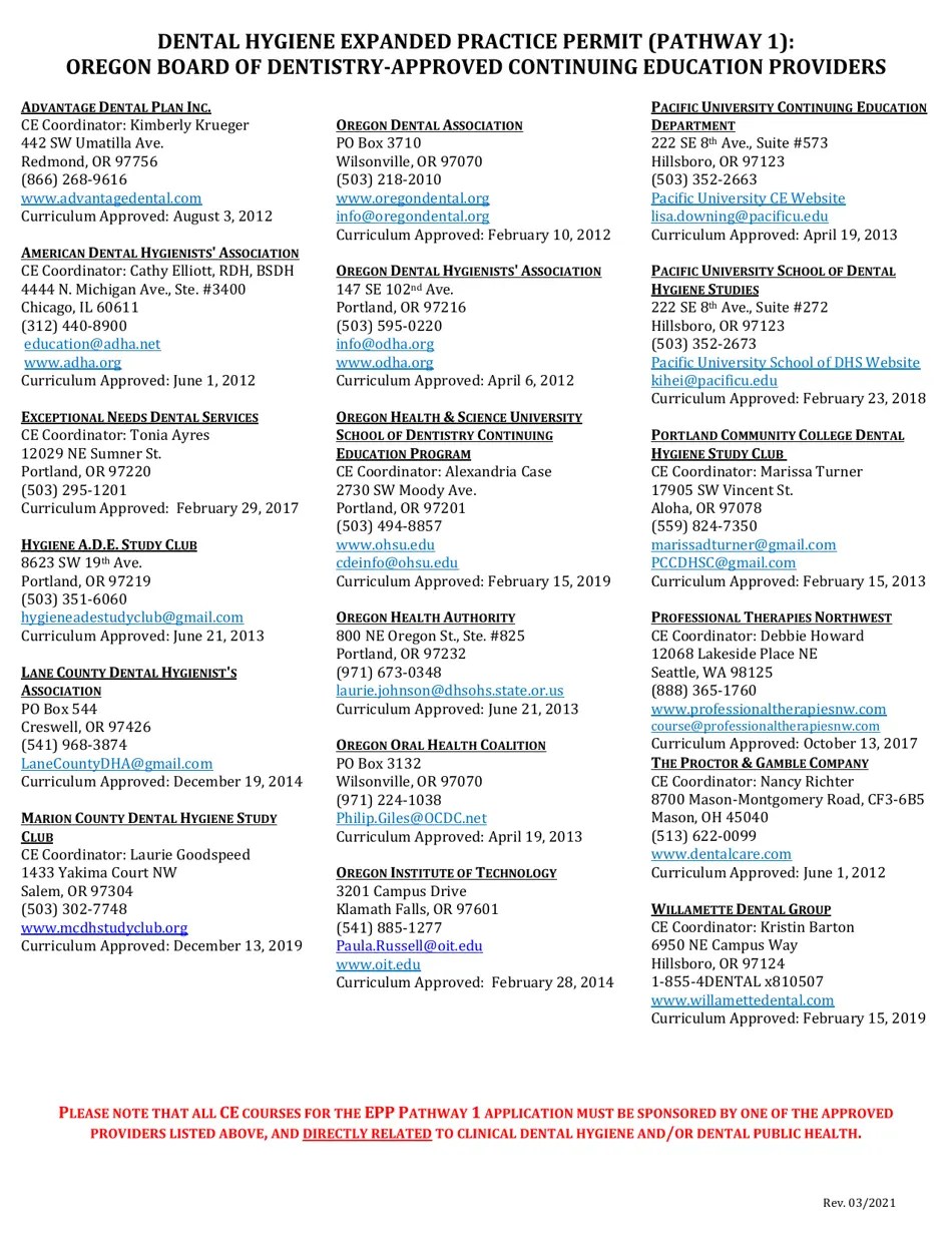 Oregon Application for Dental Hygiene Expanded Practice Permit Pathway 1 Fill Out, Sign