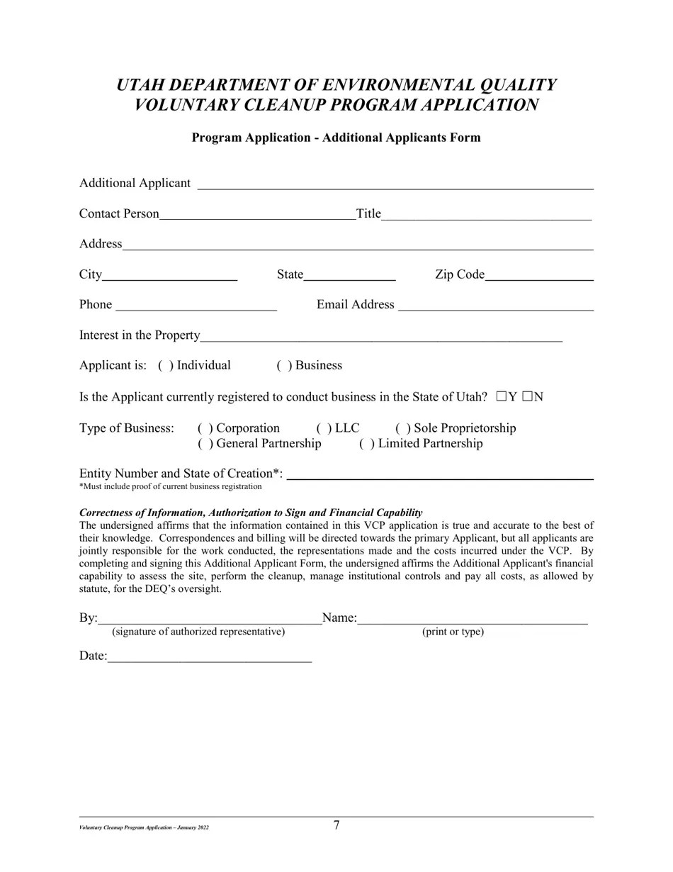 Utah Application Form Voluntary Cleanup Program Fill Out, Sign