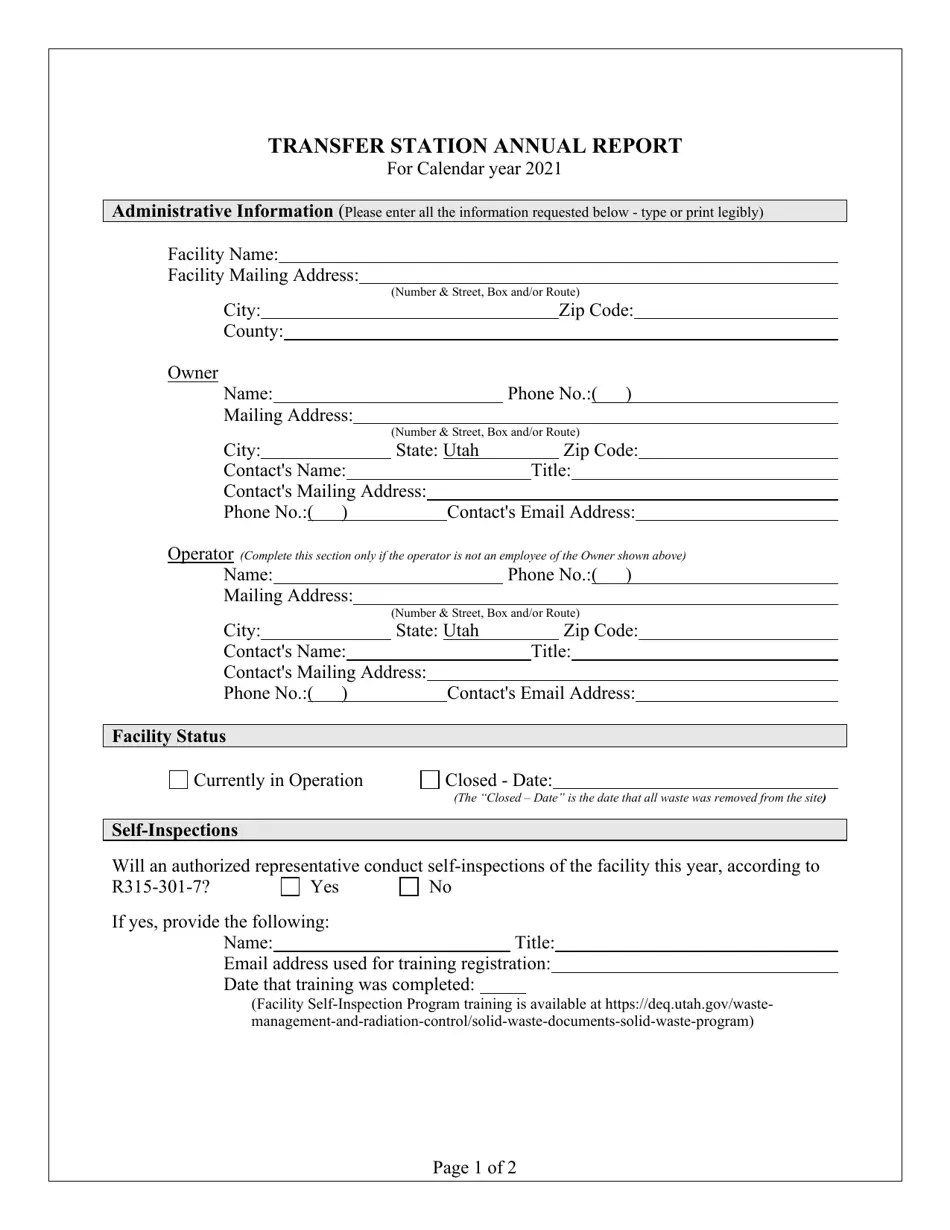 2021 Utah Transfer Station Annual Report Download Printable PDF Templateroller