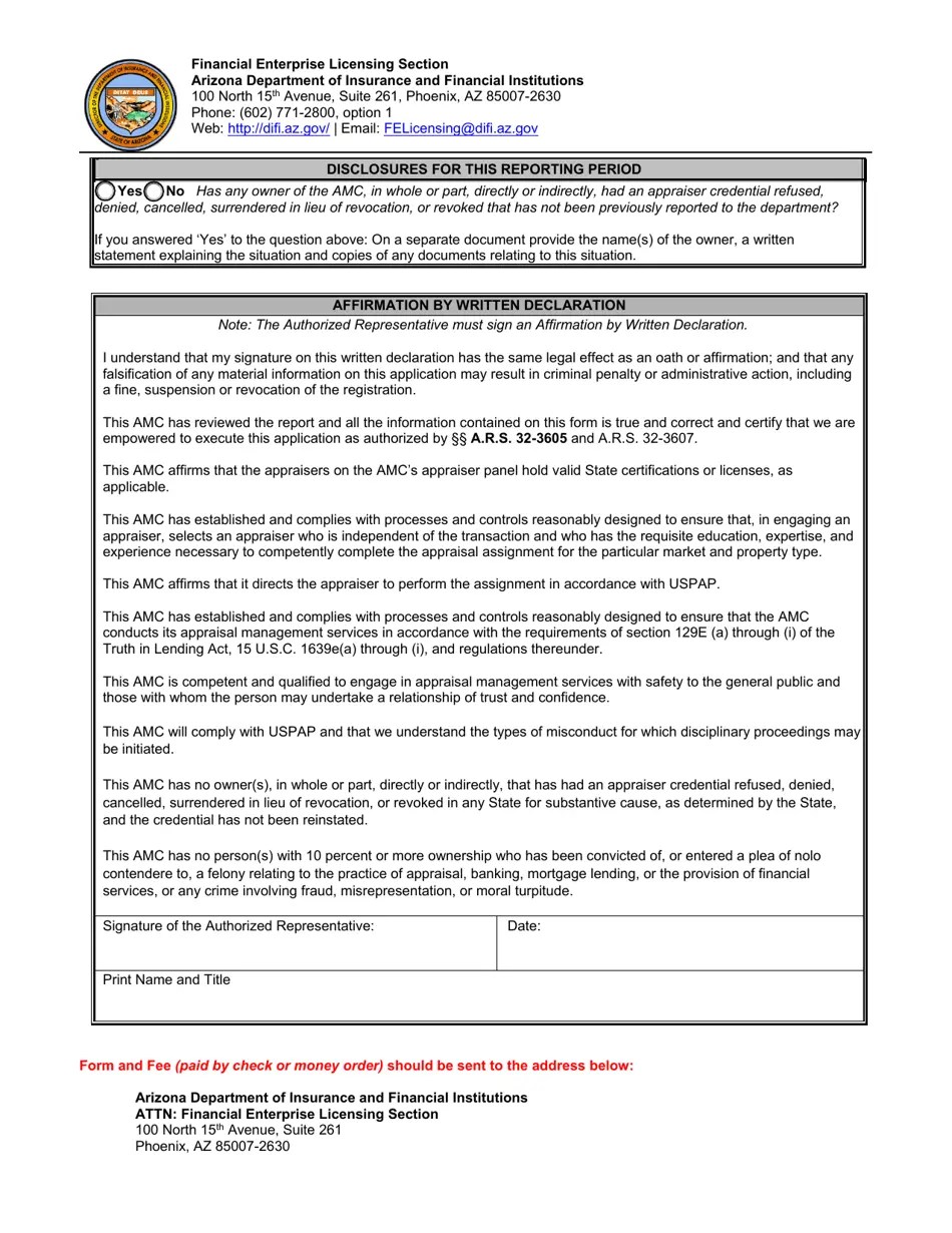Arizona Appraisal Management Company National Registry Report Form