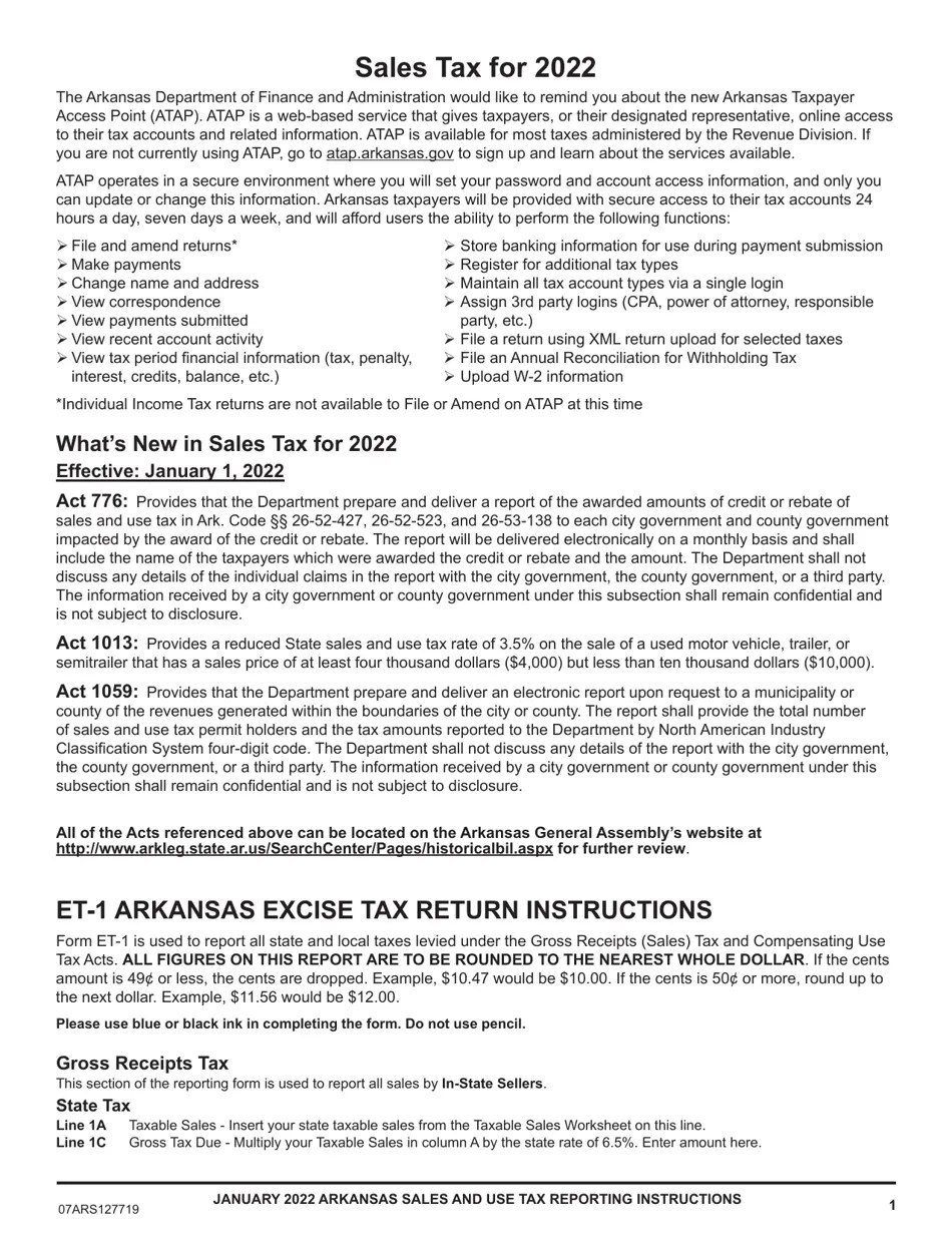 Download Instructions for Form ET1 Arkansas Excise Tax Return PDF