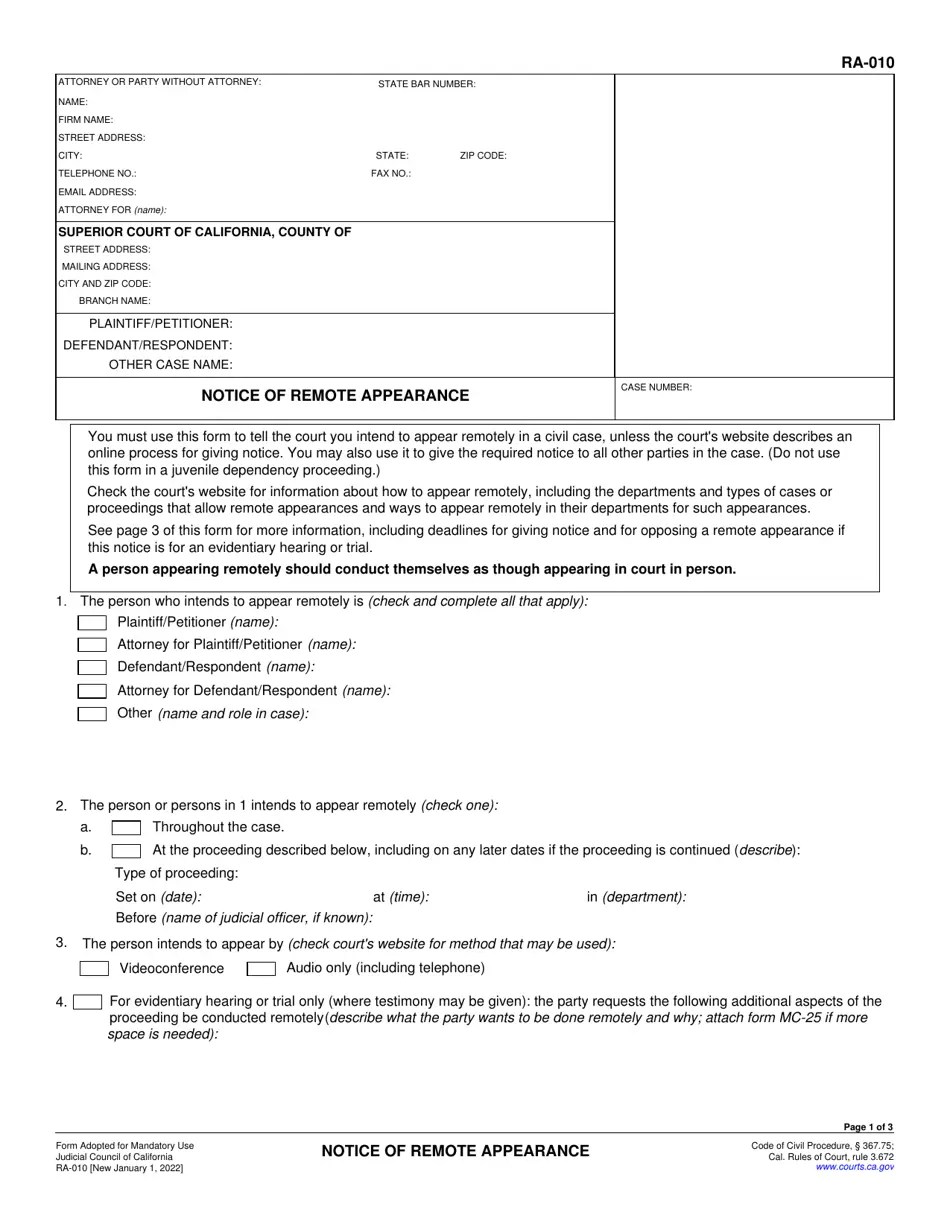 Form RA010 Fill Out, Sign Online and Download Fillable PDF, California Templateroller