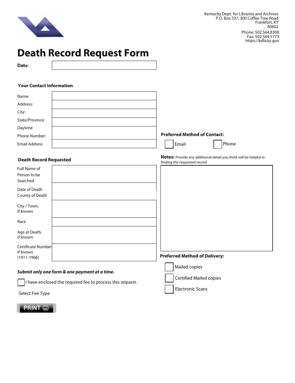 Kentucky Death Record Request Form Fill Out, Sign Online and Download PDF Templateroller