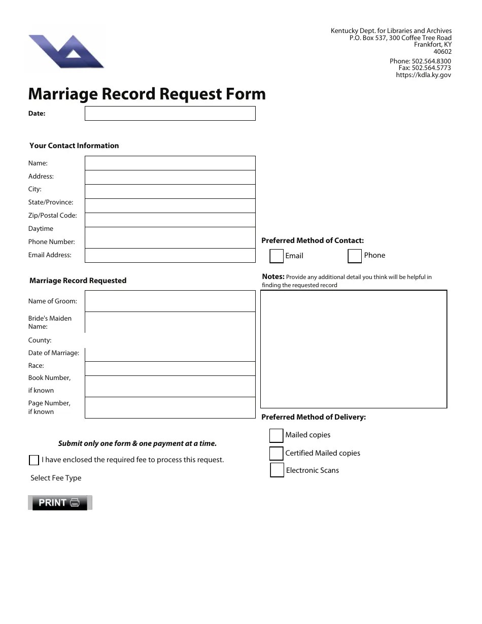 Kentucky Marriage Record Request Form Fill Out, Sign Online and