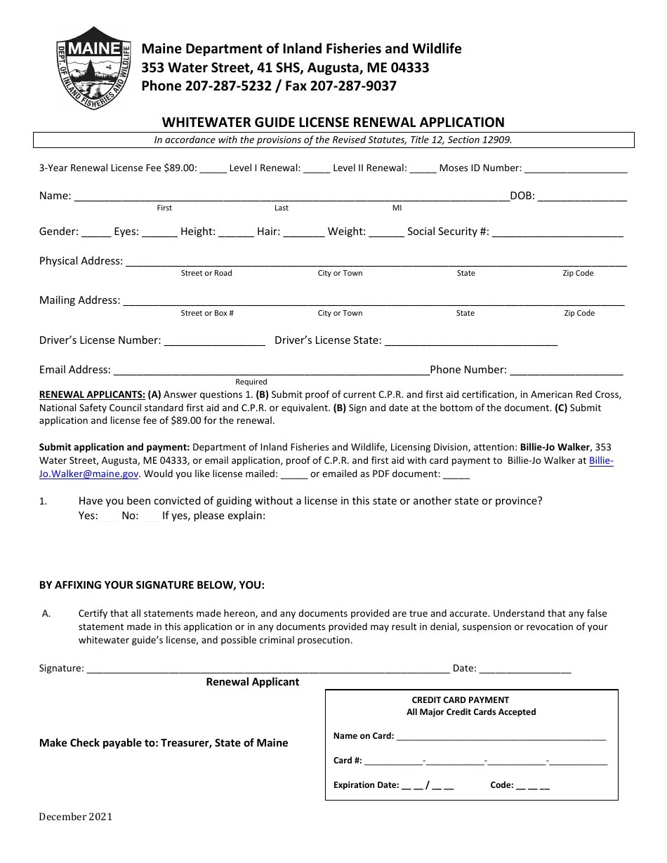 Maine Whitewater Guide License Renewal Application Fill Out, Sign Online and Download PDF