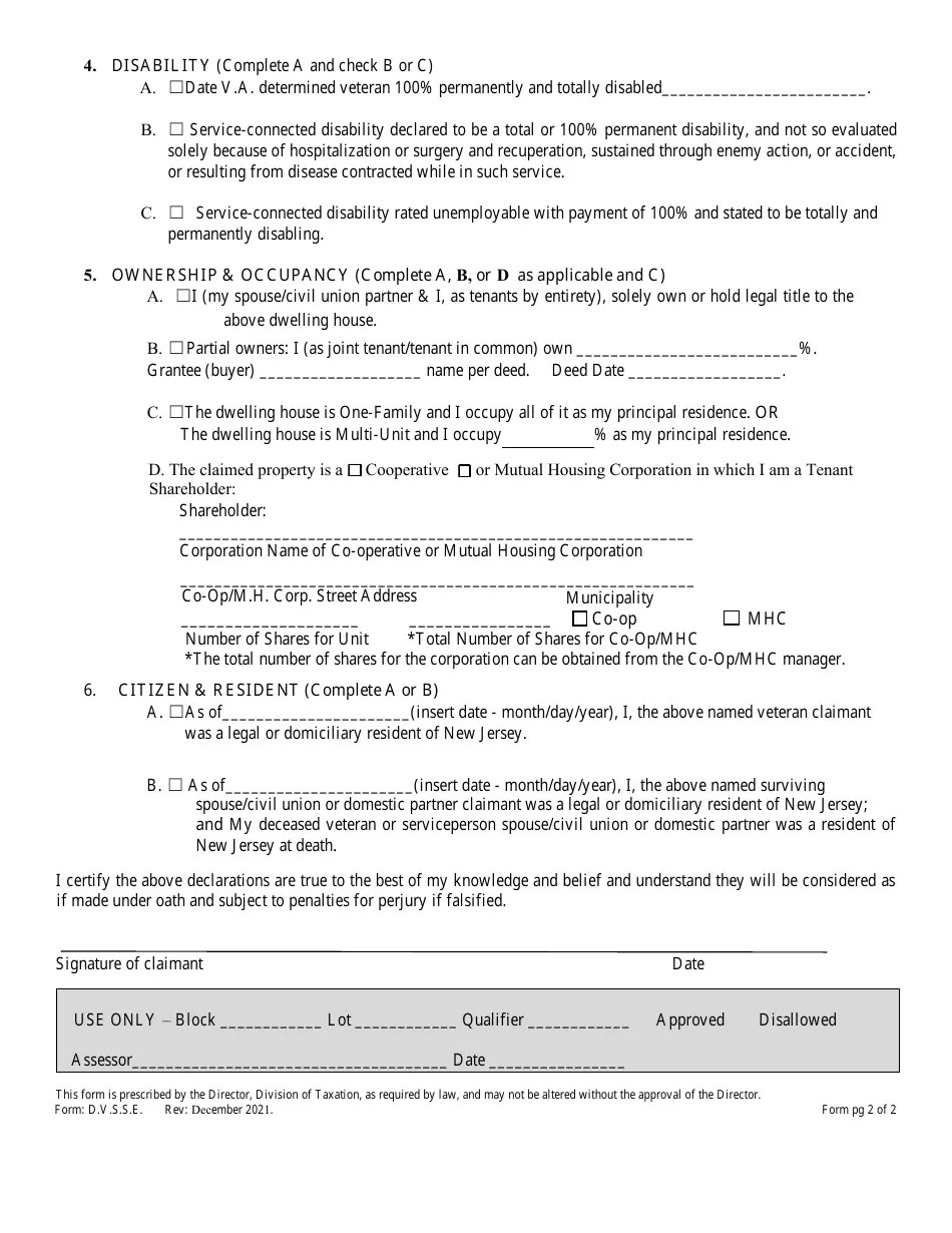 Form D.V.S.S.E. Download Fillable PDF or Fill Online Claim for Property Tax Exemption on