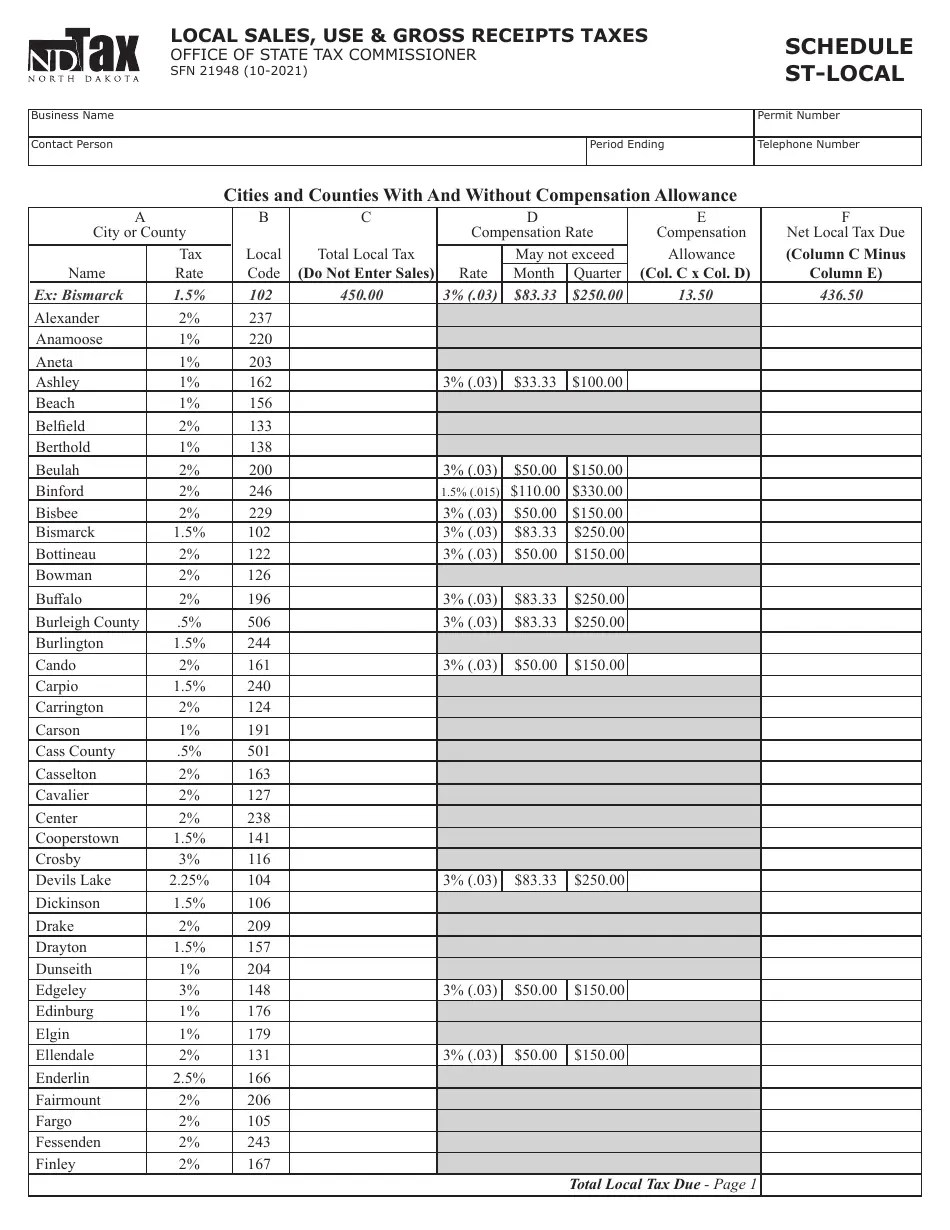 Form SFN21948 Schedule STLOCAL Fill Out, Sign Online and Download