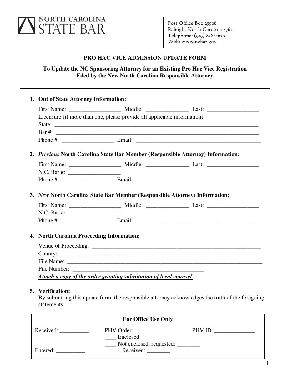 North Carolina Pro Hac Vice Admission Update Form Fill Out, Sign Online and Download PDF