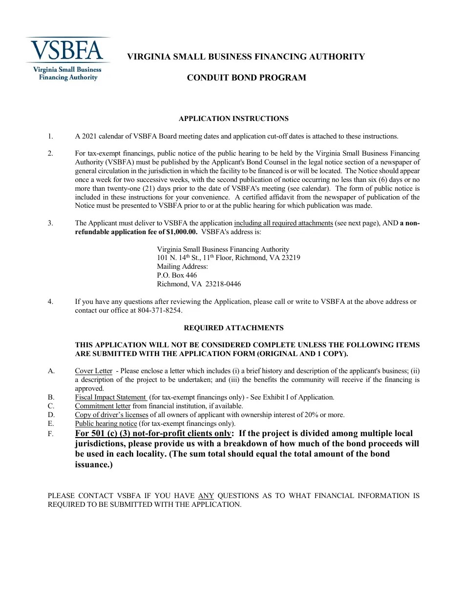Virginia Application to the Virginia Small Business Financing Authority