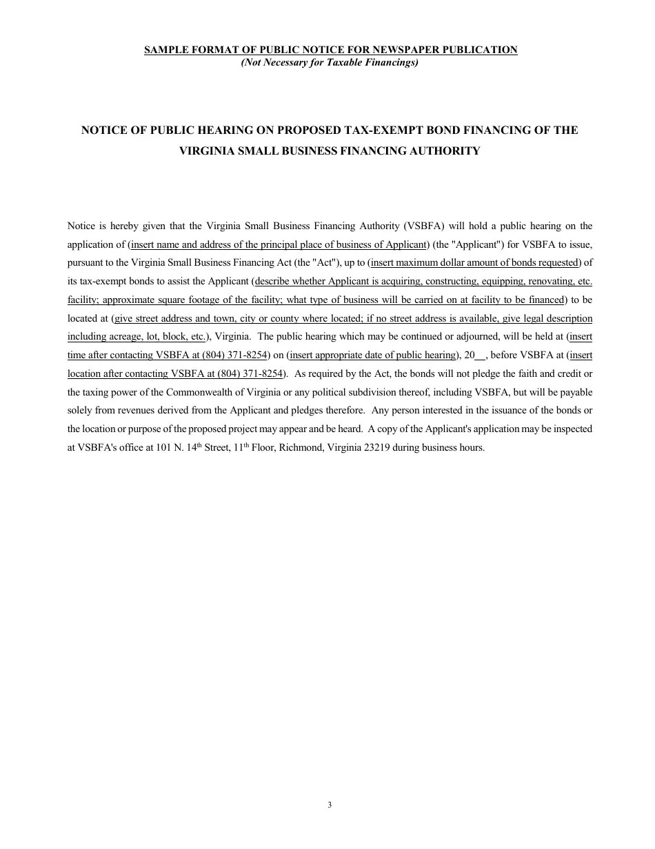 Virginia Application to the Virginia Small Business Financing Authority