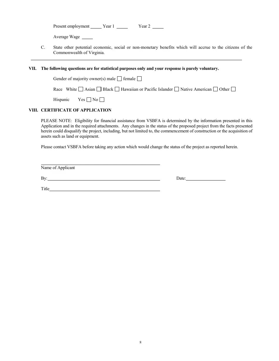 Virginia Application to the Virginia Small Business Financing Authority