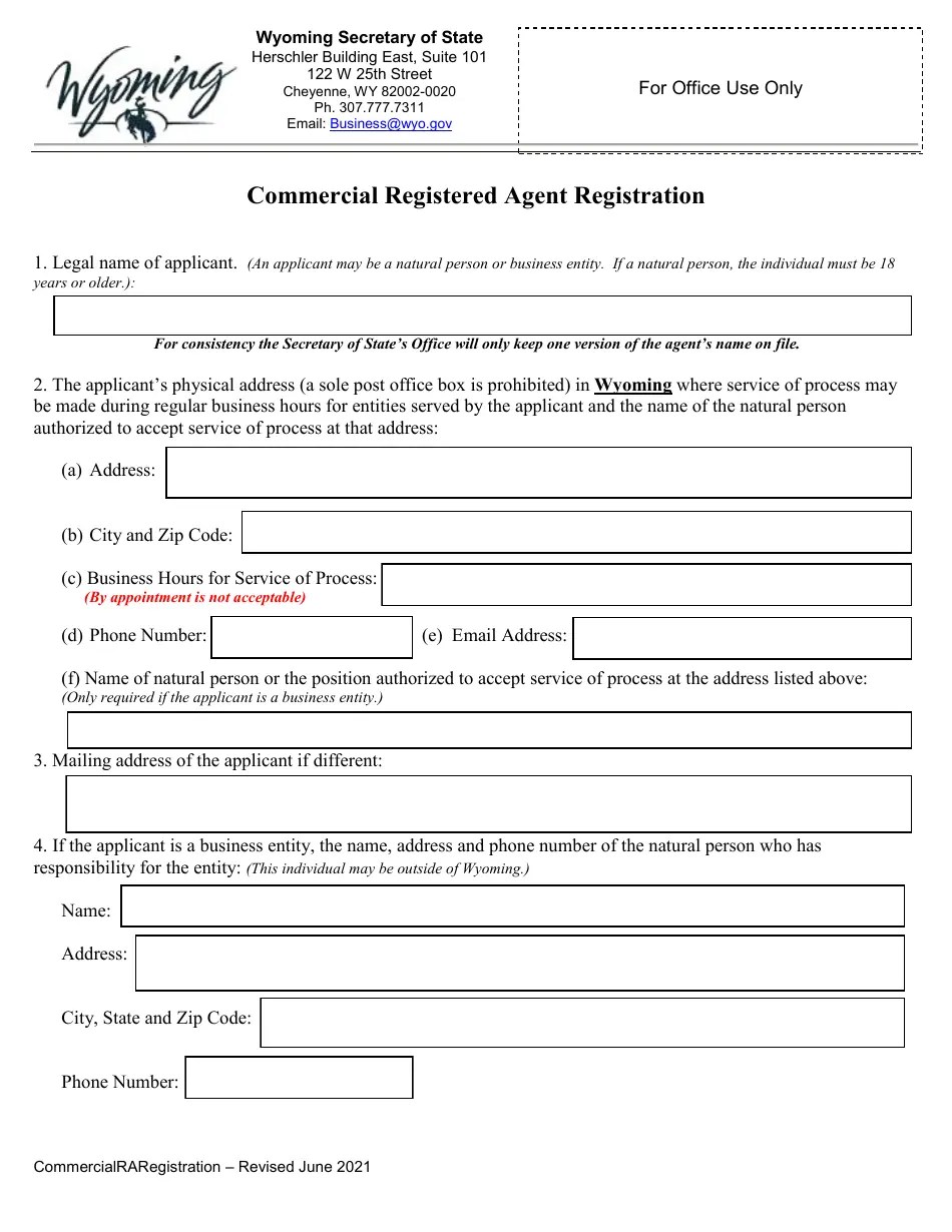 Wyoming Commercial Registered Agent Registration Fill Out, Sign