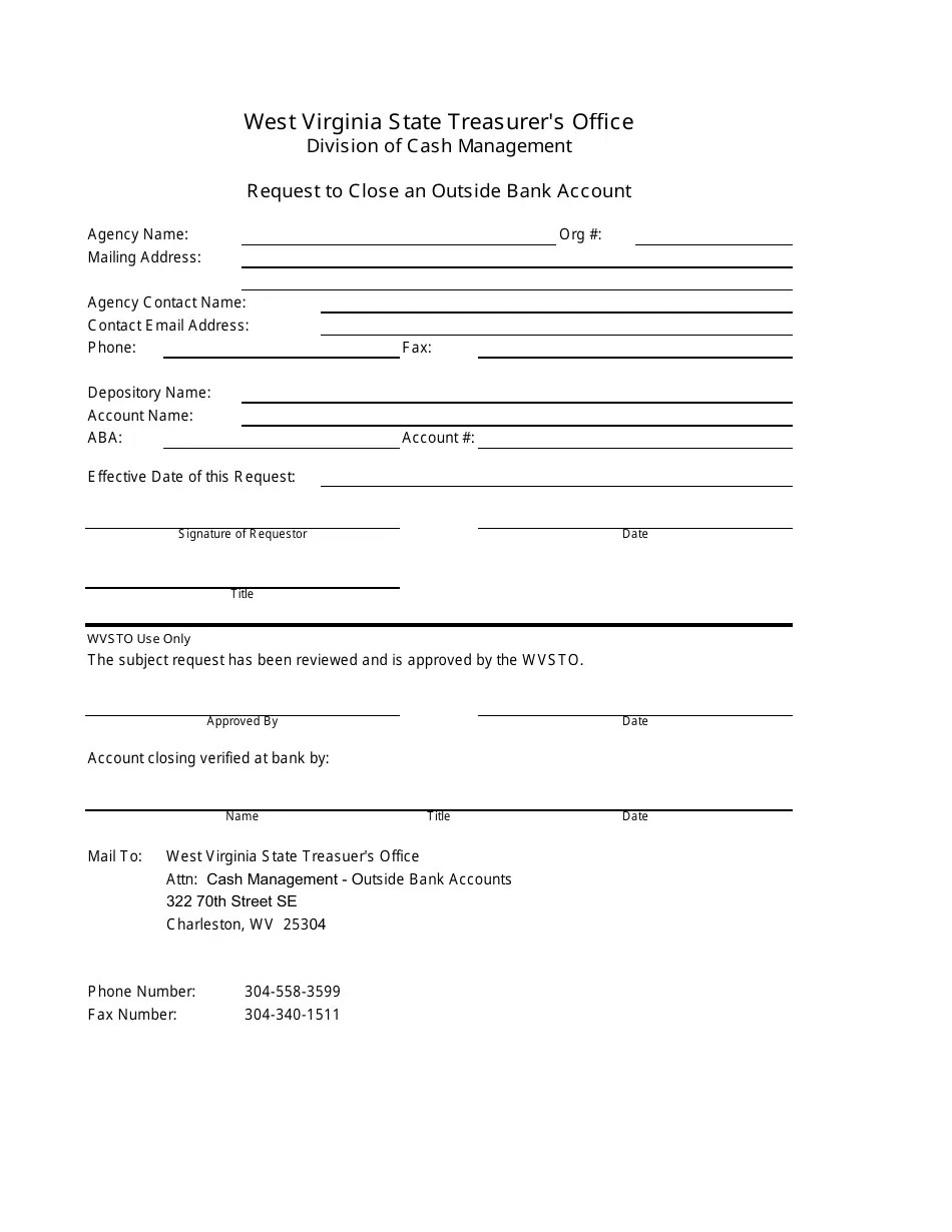 West Virginia Request to Close an Outside Bank Account Fill Out, Sign