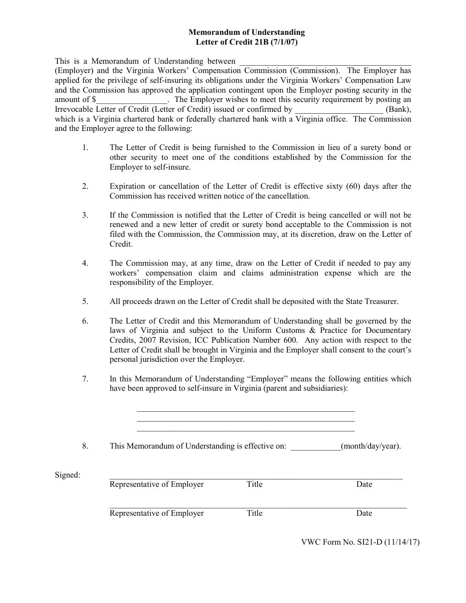 VWC Form SI21B Fill Out, Sign Online and Download Printable PDF