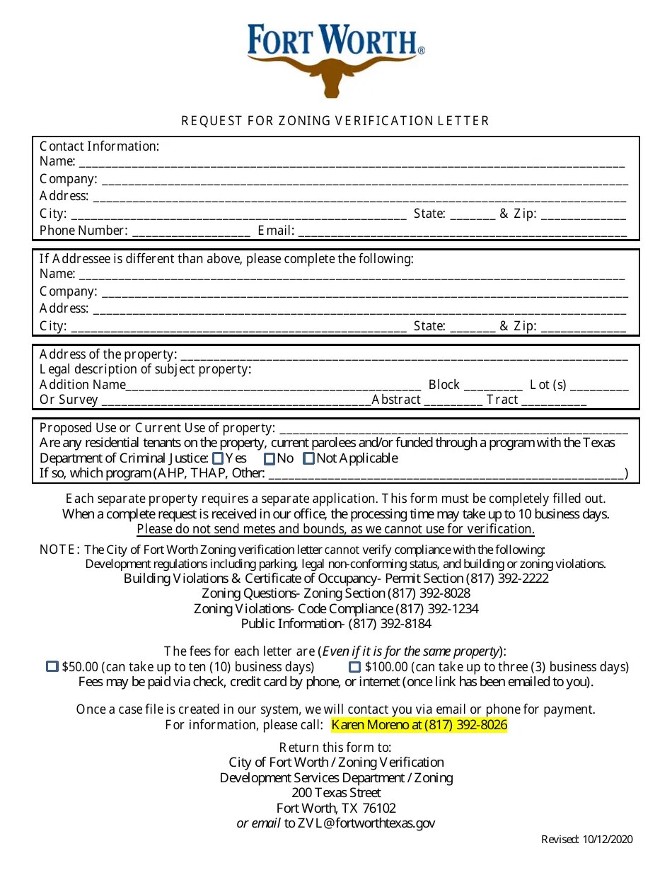 City of Fort Worth, Texas Request for Zoning Verification Letter Fill