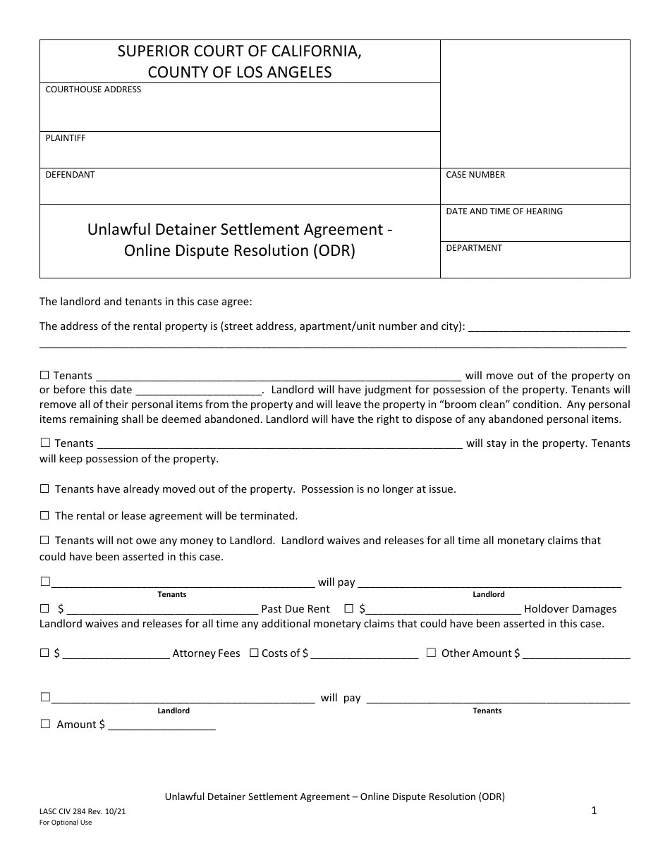 Form LACIV284 Fill Out, Sign Online and Download Fillable PDF, County