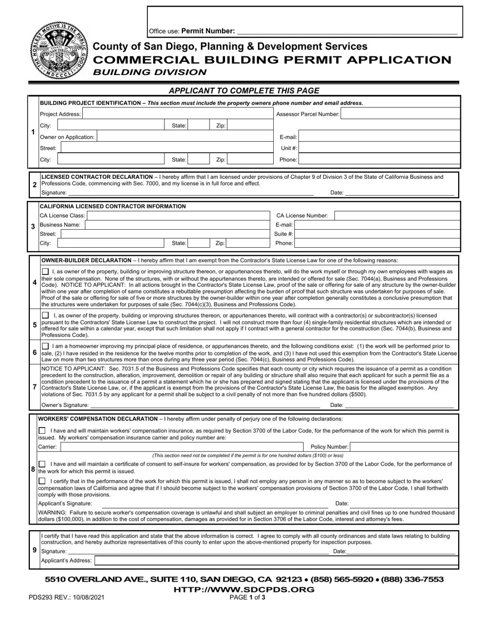 Form PDS293 Fill Out, Sign Online and Download Fillable PDF, County of San Diego, California