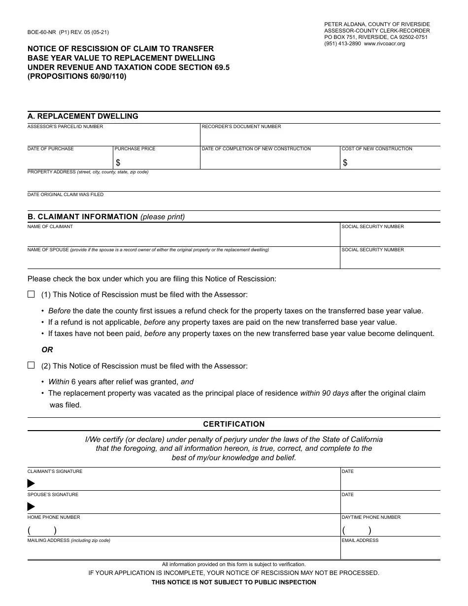 Form BOE60NR Fill Out, Sign Online and Download Fillable PDF