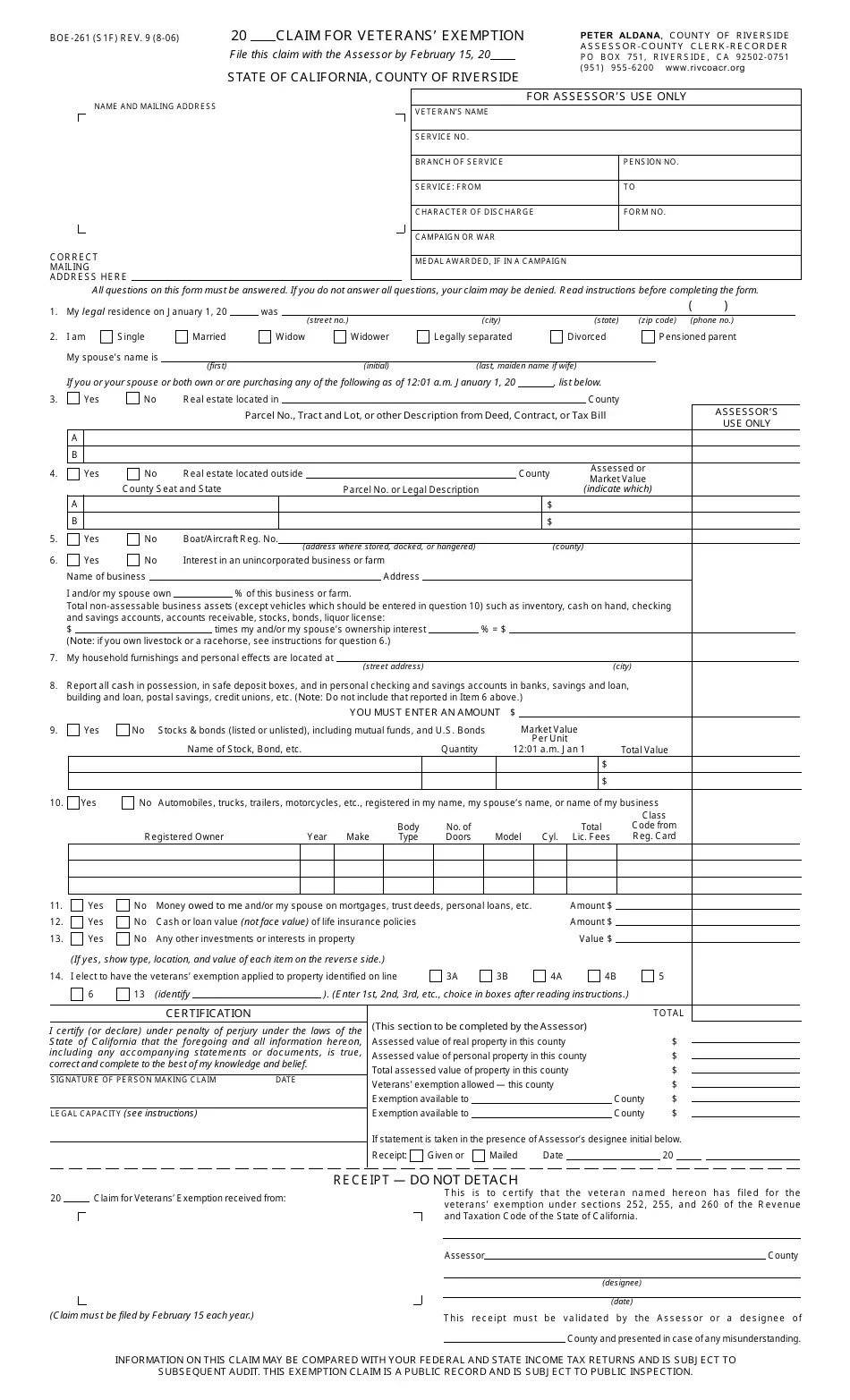 Form BOE261 Fill Out, Sign Online and Download Fillable PDF, County