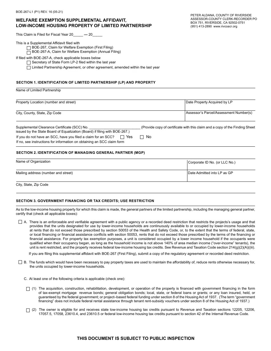 Form BOE267L1 Fill Out, Sign Online and Download Fillable PDF