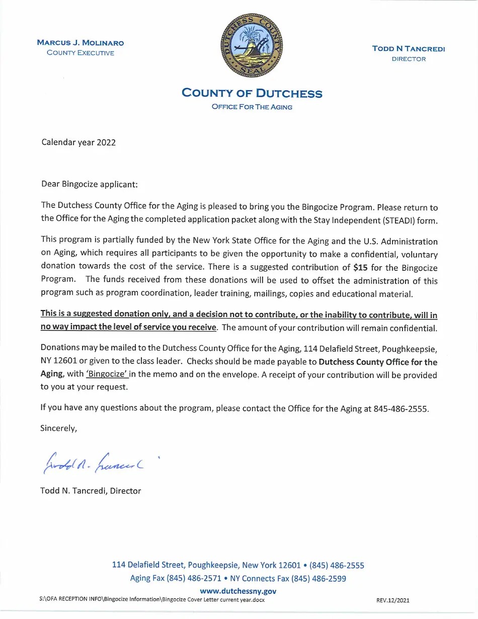 2022 Dutchess County, New York Bingocize Program Application Fill Out