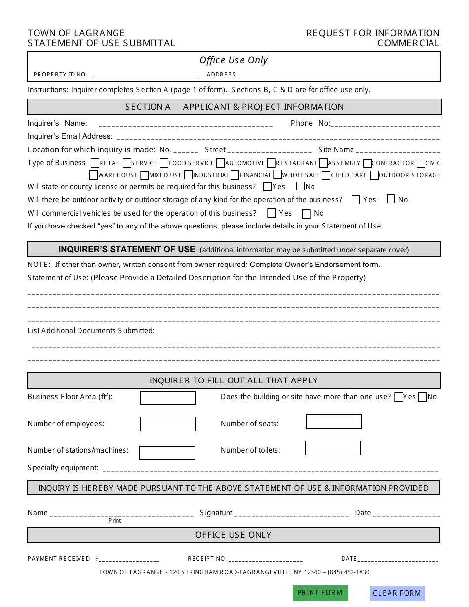 Town of LaGrange, New York Commercial Statement of Use Fill Out, Sign