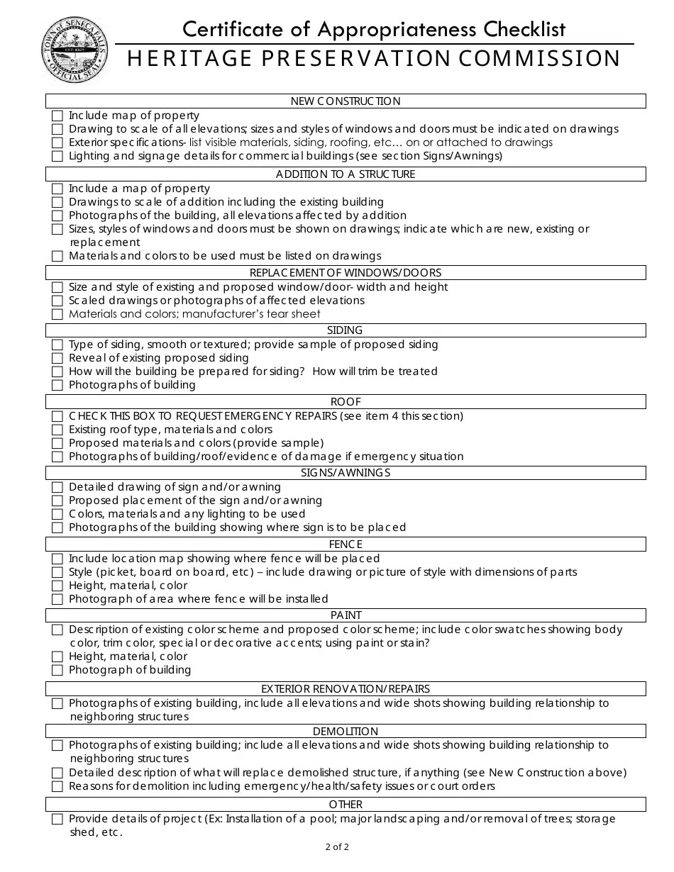 Town of Seneca Falls, New York Certificate of Appropriateness