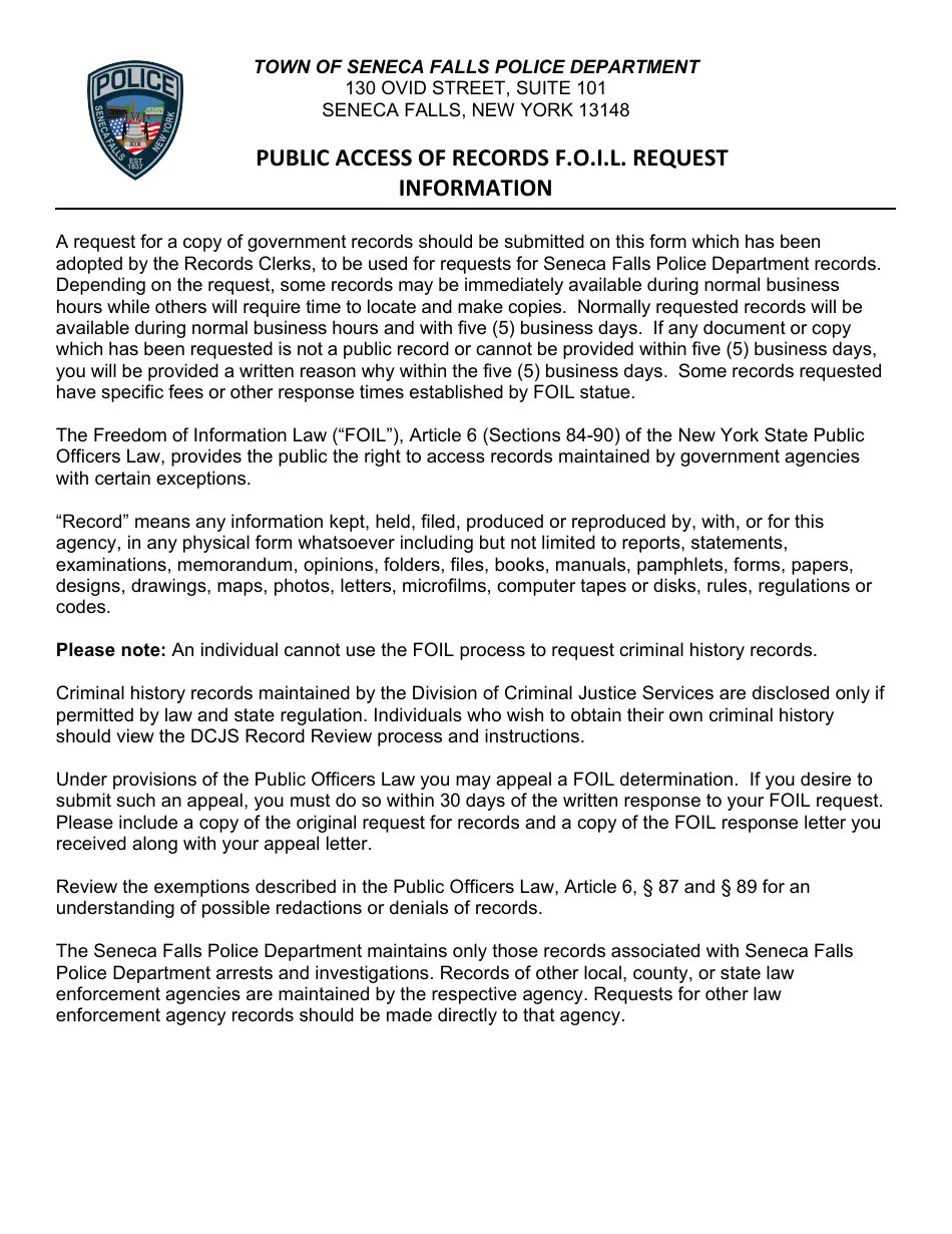 Town of Seneca Falls, New York Application for Public Access of Records