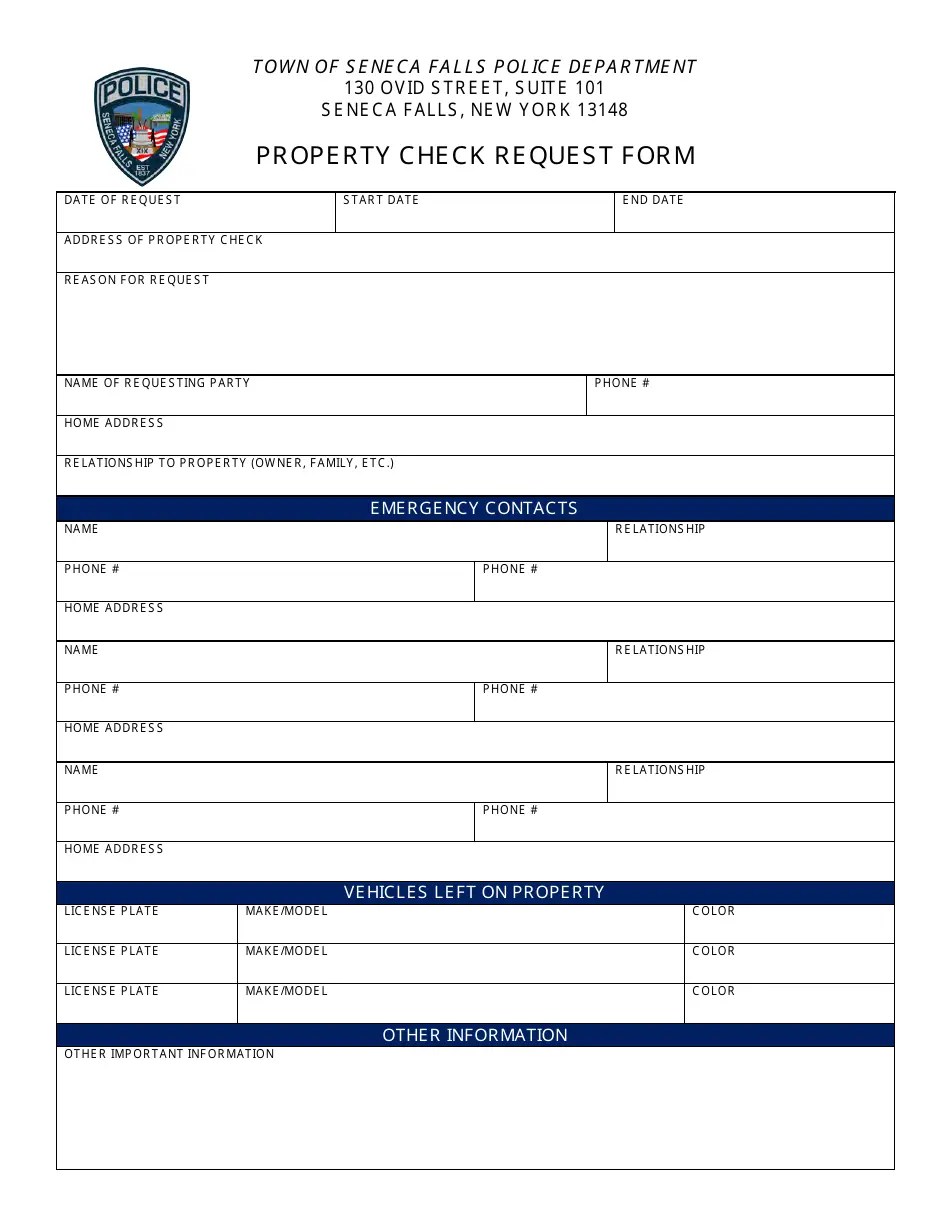 Town of Seneca Falls, New York Property Check Request Form Fill Out