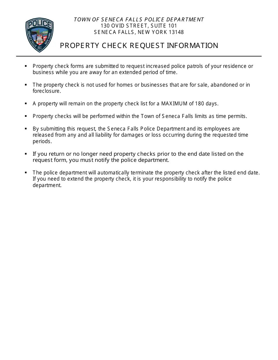 Town of Seneca Falls, New York Property Check Request Form Fill Out
