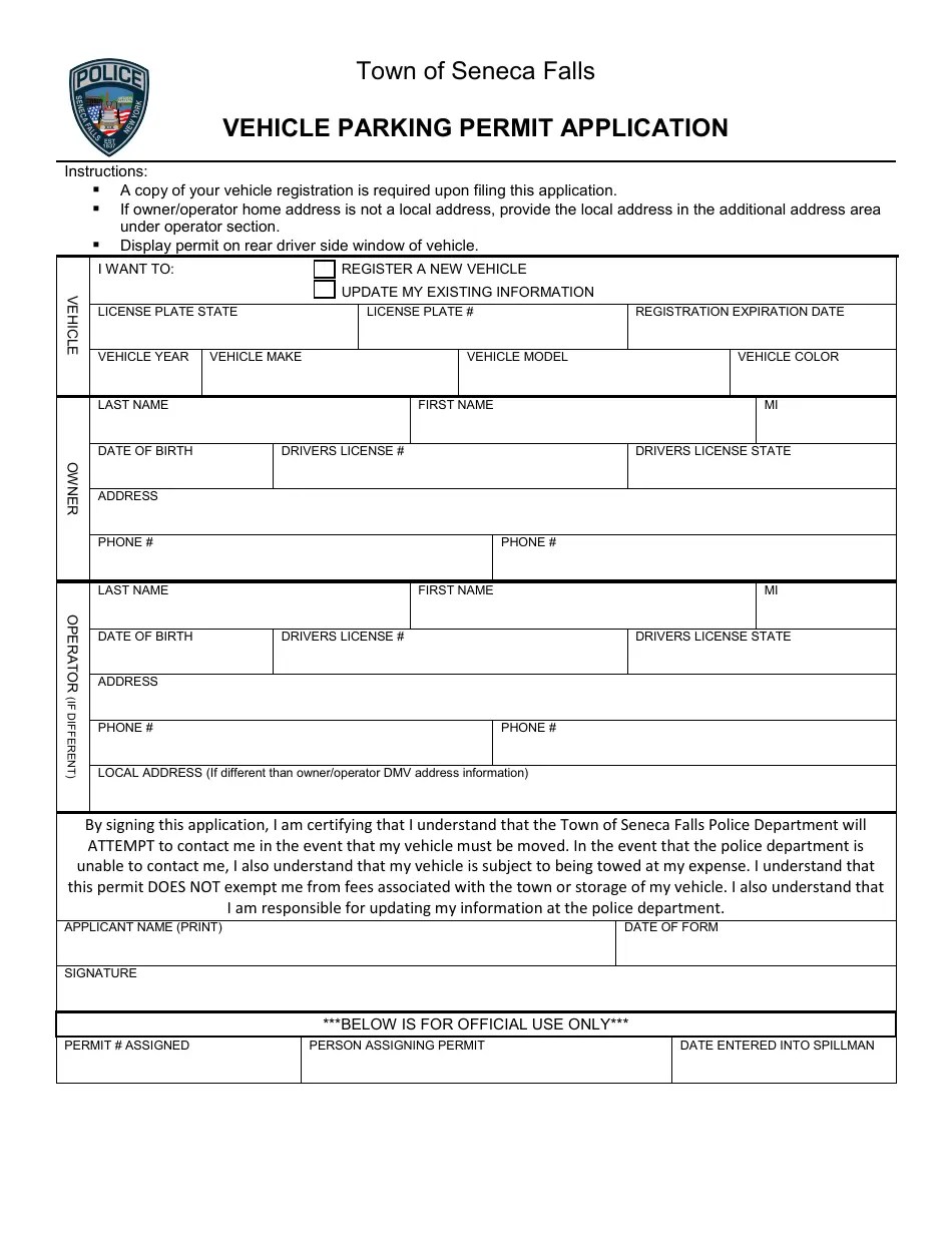 Town of Seneca Falls, New York Vehicle Parking Permit Application