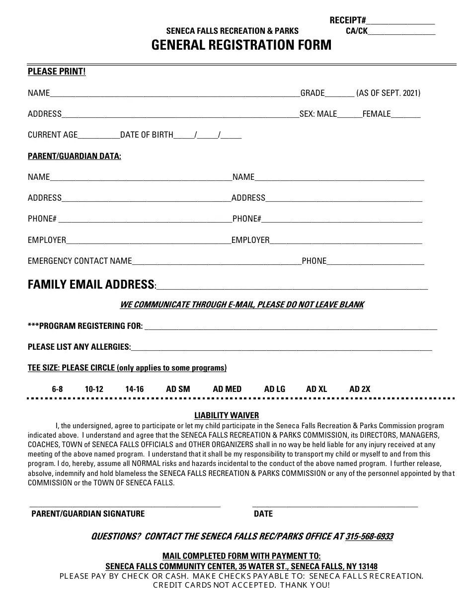 Town of Seneca Falls, New York General Registration Form Fill Out