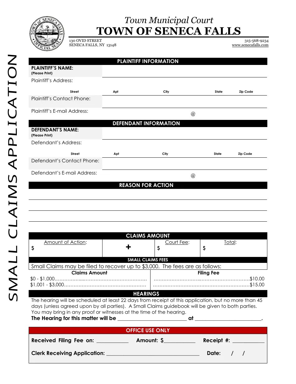 Town of Seneca Falls, New York Small Claims Application Fill Out