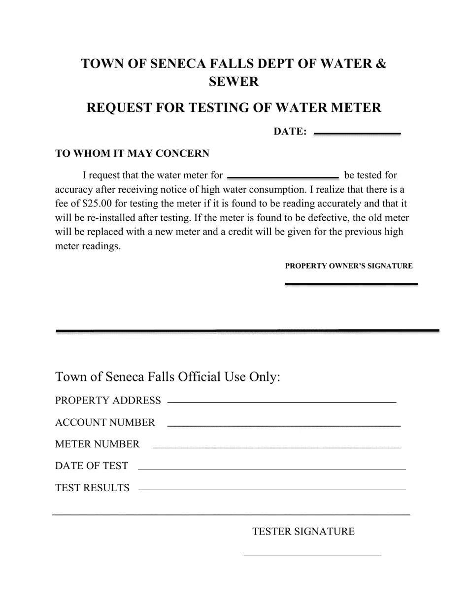 Town of Seneca Falls, New York Request for Testing of Water Meter