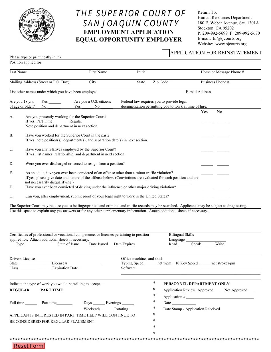 County of San Joaquin, California Employment Application Equal
