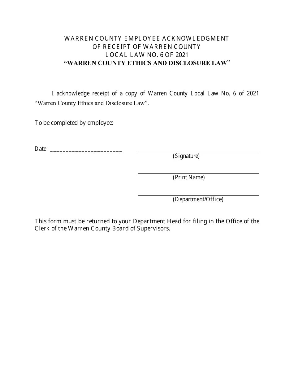 Warren County, New York Warren County Employee Acknowledgment of