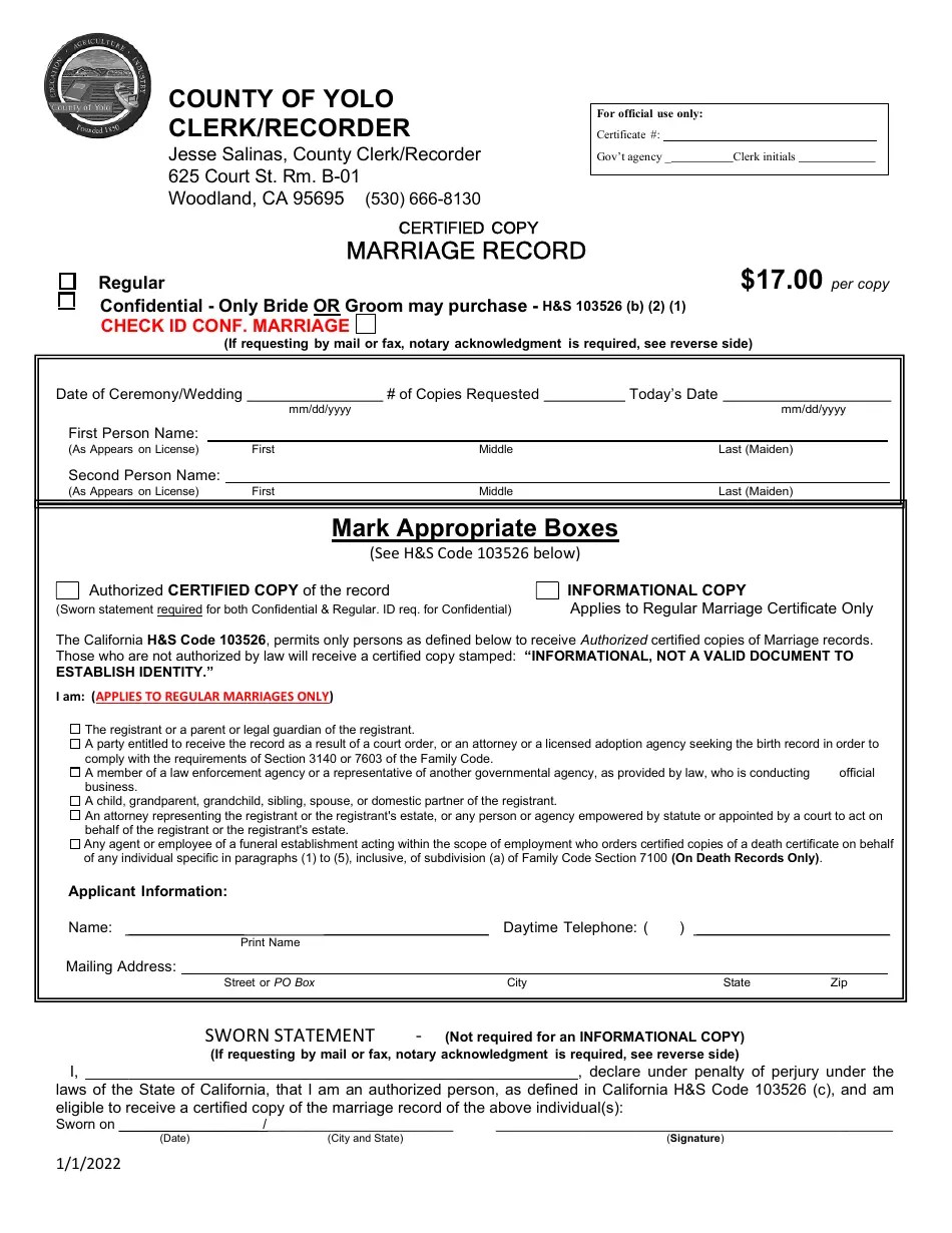 Yolo County, California Marriage Record Fill Out, Sign Online and