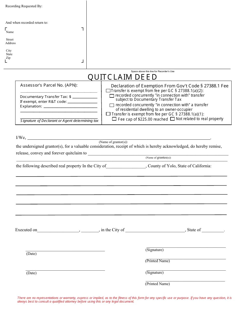 Yolo County, California Quitclaim Deed Fill Out, Sign Online and Download PDF Templateroller