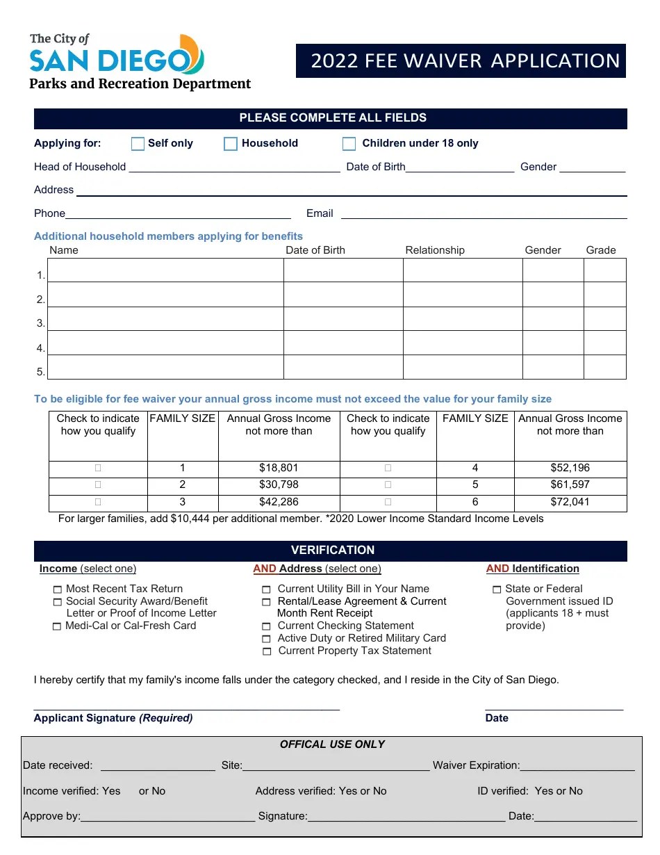 2022 City of San Diego, California Fee Waiver Application Fill Out