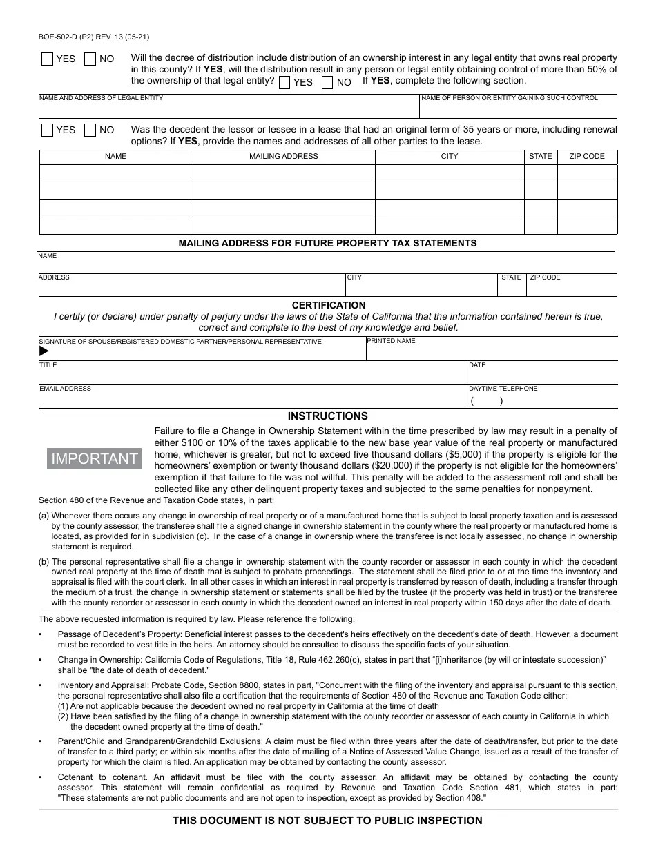 Form BOE502D Fill Out, Sign Online and Download Fillable PDF