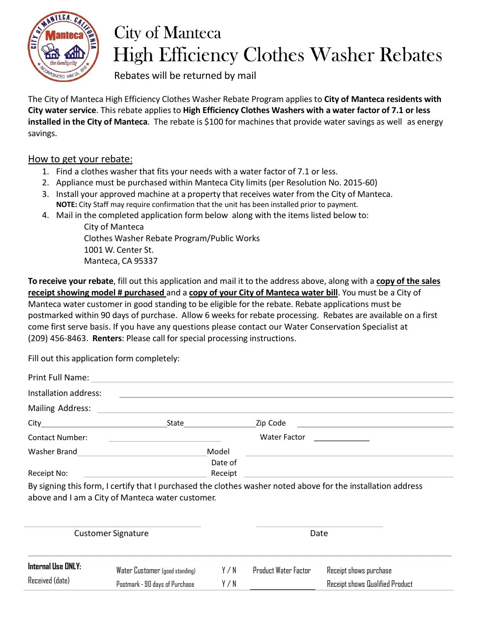 City of Manteca, California High Efficiency Clothes Washer Rebates