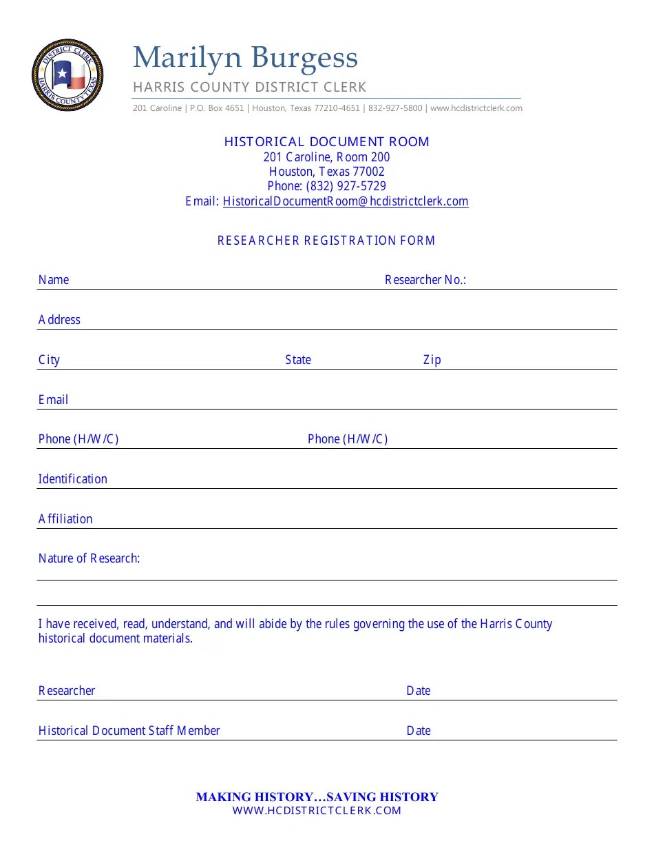 Harris County, Texas Researcher Registration Form Fill Out, Sign Online and Download PDF