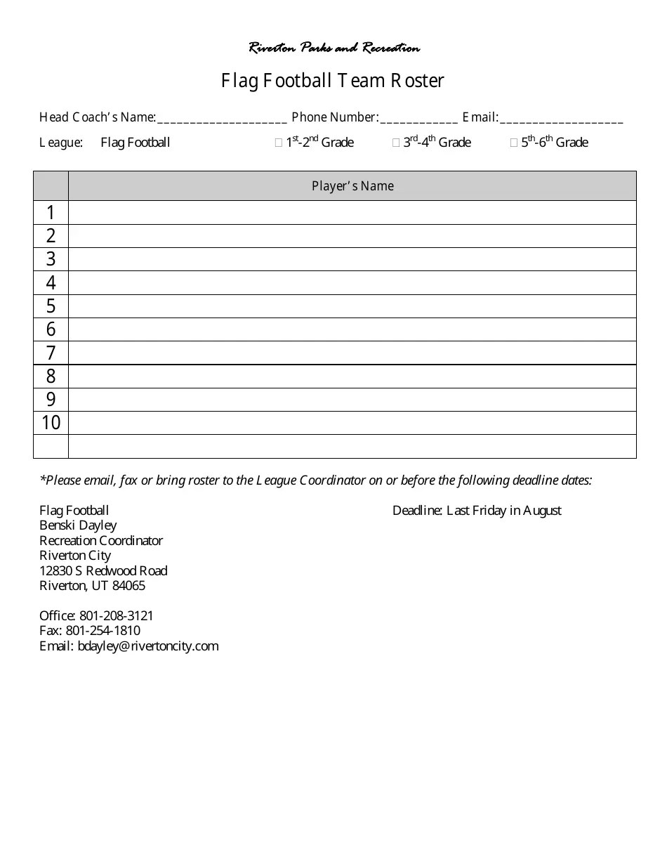 Flag Football Team Roster Download Printable PDF Templateroller